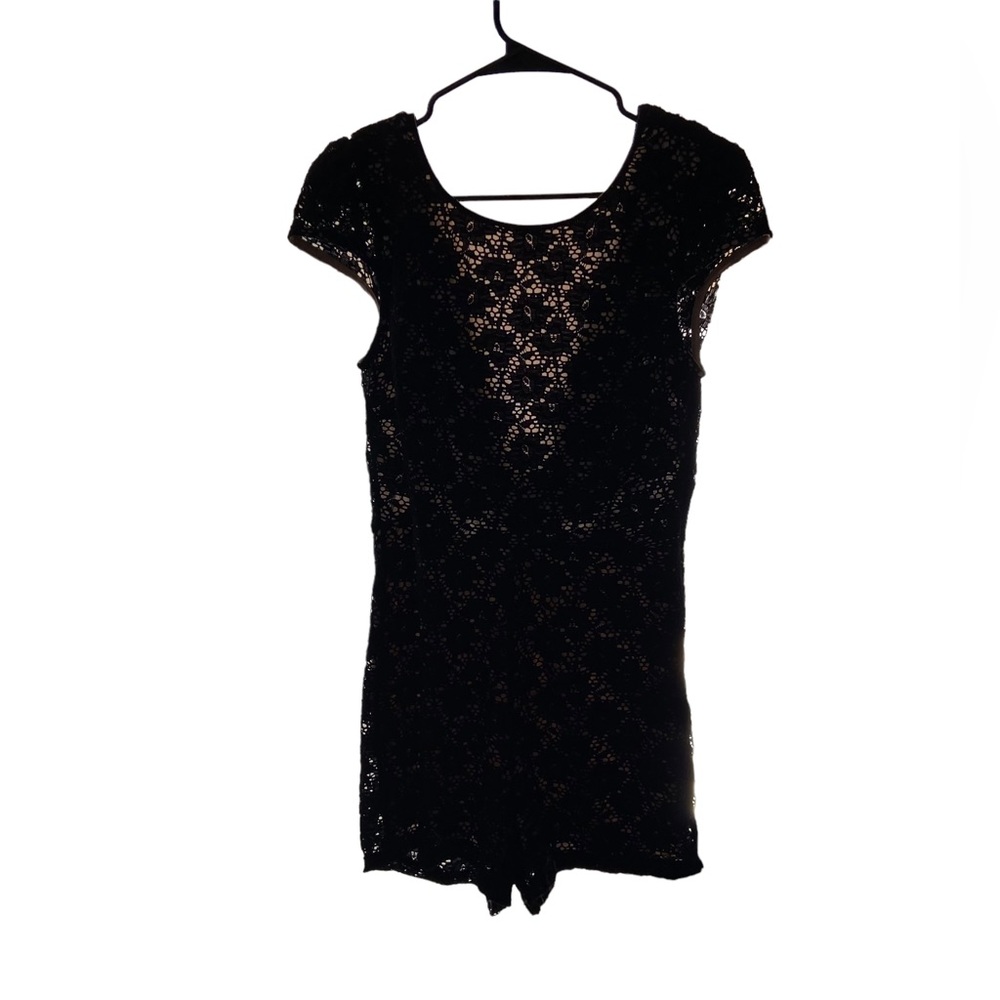 Mystic stretchy soft lace overlayed short romper in black and beige/nude…